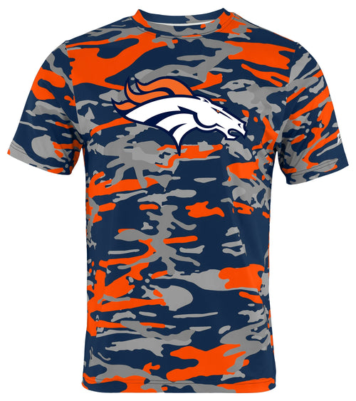 Camouflage-patterned t-shirt with a logo on a white background